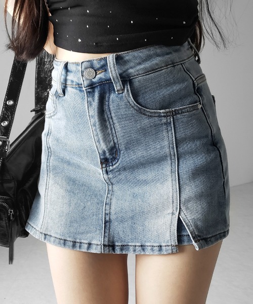 me+em select(ミームセレクト)の「※※【 2color / 4size 】ミニスリットストレッチレイヤードデニムミニスカパン / mini slit stretch layered denim mini skirt pants(デニムスカート・レディース・ブラック/ブルー・LARGE/MEDIUM/SMALL/X-LARGE)」の6枚目の写真
