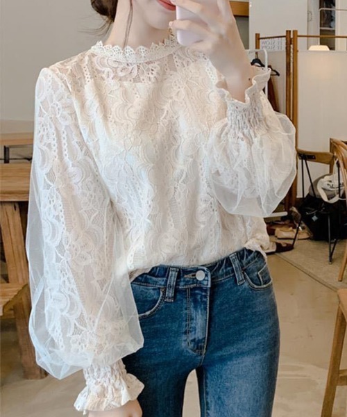 mielu(ミエル)の「レースオーガンジーブラウス(シャツ/ブラウス・レディース・ベージュ/ホワイト・MEDIUM/LARGE)」の2枚目の写真