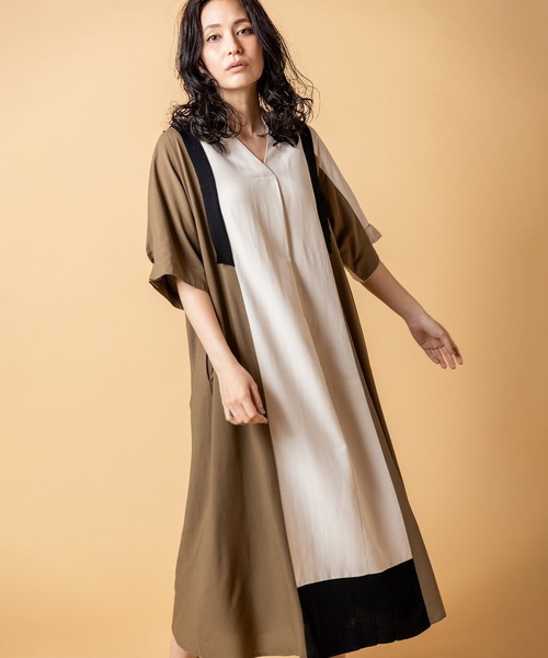 OSMOSIS(オズモーシス)の「バイカラータックワンピース(ワンピース・レディース・アイボリー/ブラック/ピンク・ONE SIZE)」の1枚目の写真
