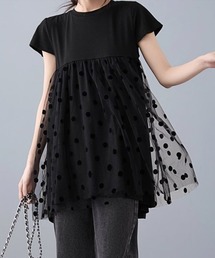 異素材切り替えドットデザイントップス