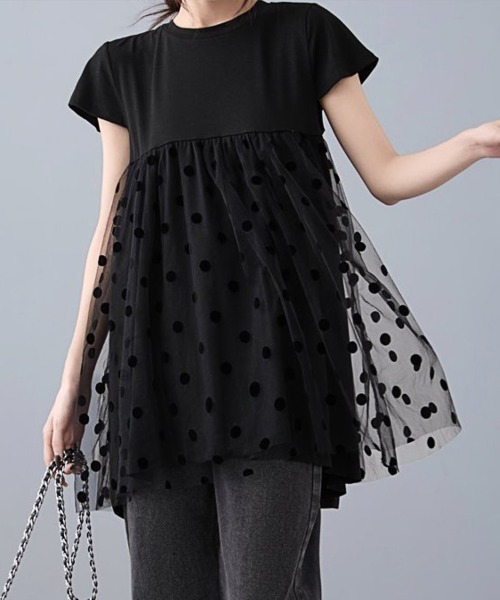 ONEP STAR(ワンピスター)の「異素材切り替えドットデザイントップス(Tシャツ/カットソー・レディース・ホワイト/ブラック・FREE)」の1枚目の写真