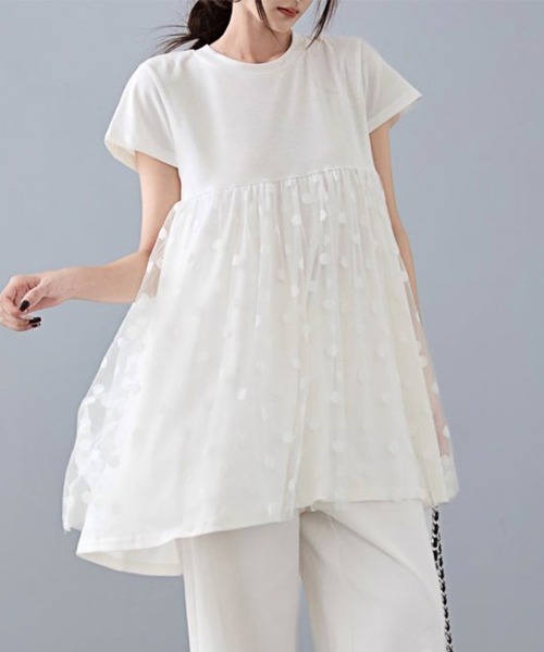ONEP STAR(ワンピスター)の「異素材切り替えドットデザイントップス(Tシャツ/カットソー・レディース・ホワイト/ブラック・FREE)」の14枚目の写真