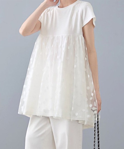 ONEP STAR(ワンピスター)の「異素材切り替えドットデザイントップス(Tシャツ/カットソー・レディース・ホワイト/ブラック・FREE)」の15枚目の写真