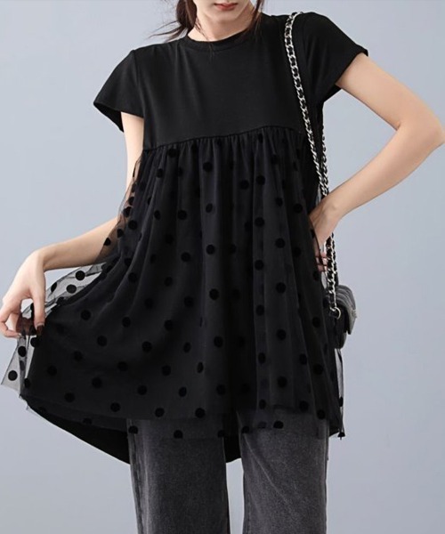 ONEP STAR(ワンピスター)の「異素材切り替えドットデザイントップス(Tシャツ/カットソー・レディース・ホワイト/ブラック・FREE)」の8枚目の写真