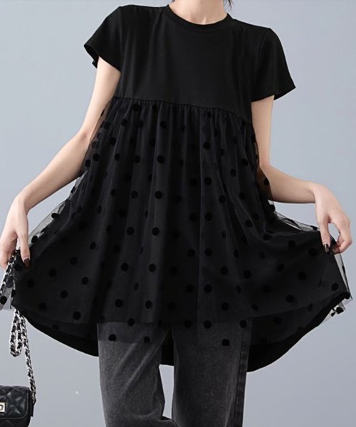 ONEP STAR(ワンピスター)の「異素材切り替えドットデザイントップス(Tシャツ/カットソー・レディース・ホワイト/ブラック・FREE)」の9枚目の写真