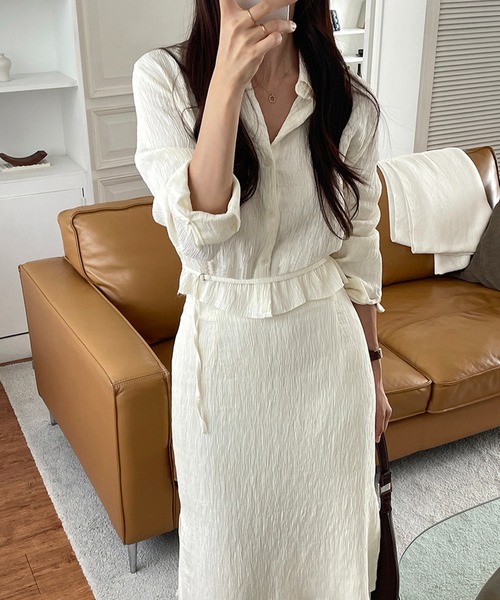 Doula Doula（ドゥーラドゥーラ）の「【セットアップ】ワッシャーシャツ&レイヤードタイトスカート 上下2点セット（セットアップ・レディース・ブラック/ベージュ・L/M）」の6枚目の写真