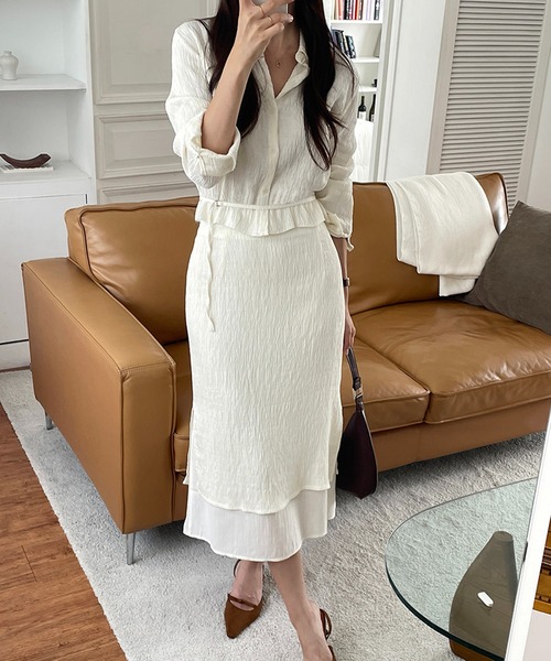 Doula Doula（ドゥーラドゥーラ）の「【セットアップ】ワッシャーシャツ&レイヤードタイトスカート 上下2点セット（セットアップ・レディース・ブラック/ベージュ・L/M）」の7枚目の写真