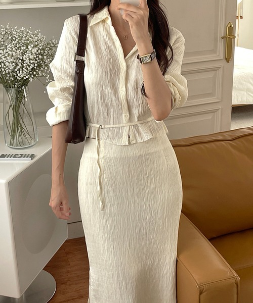 Doula Doula（ドゥーラドゥーラ）の「【セットアップ】ワッシャーシャツ&レイヤードタイトスカート 上下2点セット（セットアップ・レディース・ブラック/ベージュ・L/M）」の18枚目の写真