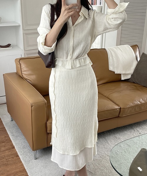 Doula Doula（ドゥーラドゥーラ）の「【セットアップ】ワッシャーシャツ&レイヤードタイトスカート 上下2点セット（セットアップ・レディース・ブラック/ベージュ・L/M）」の9枚目の写真