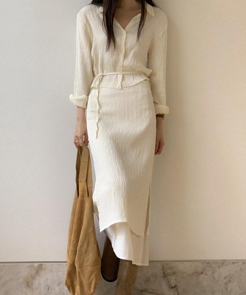 Doula Doula（ドゥーラドゥーラ）の「【セットアップ】ワッシャーシャツ&レイヤードタイトスカート 上下2点セット（セットアップ・レディース・ブラック/ベージュ・L/M）」の13枚目の写真