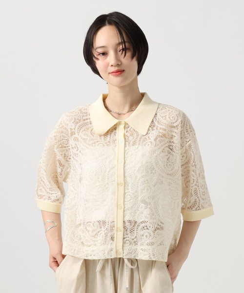 BAYFLOW(ベイフロー)の「ニットコンビ刺繍半袖シャツ(シャツ/ブラウス・レディース・ブラウン/オフホワイト・FREE)」の3枚目の写真