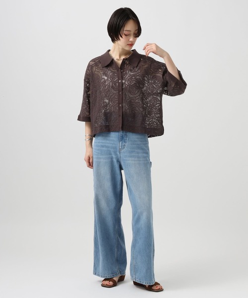 BAYFLOW(ベイフロー)の「ニットコンビ刺繍半袖シャツ(シャツ/ブラウス・レディース・ブラウン/オフホワイト・FREE)」の6枚目の写真