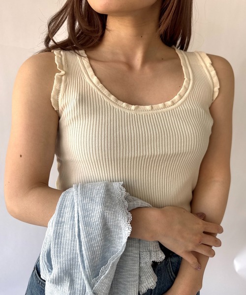Port（ポート）の「【 New market 】 ラウンド フリル ニット タンクトップ（タンクトップ・レディース・ブラック/サックスブルー/ベージュ/ホワイト/グリーン/ピンク・FREE）」の7枚目の写真
