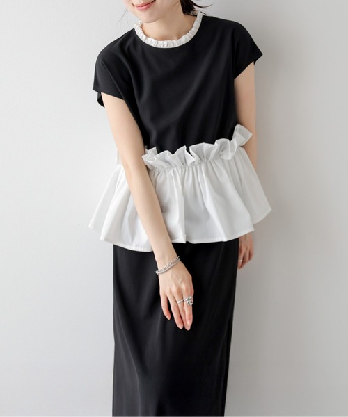 AMELY（エミリー）の「フリルペプラム×スカートセットアップ（セットアップ・レディース・ベージュ/ブラック・M/L）」の6枚目の写真