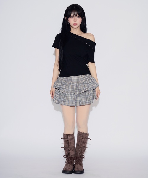 tinkerend(ティンカーエンド)の「Voluminous Tiered Check Mini Skirt / ボリュームティアードチェックミニスカート(スカート・レディース・ブルー系その他/ブラック/ブラウン・FREE)」の7枚目の写真