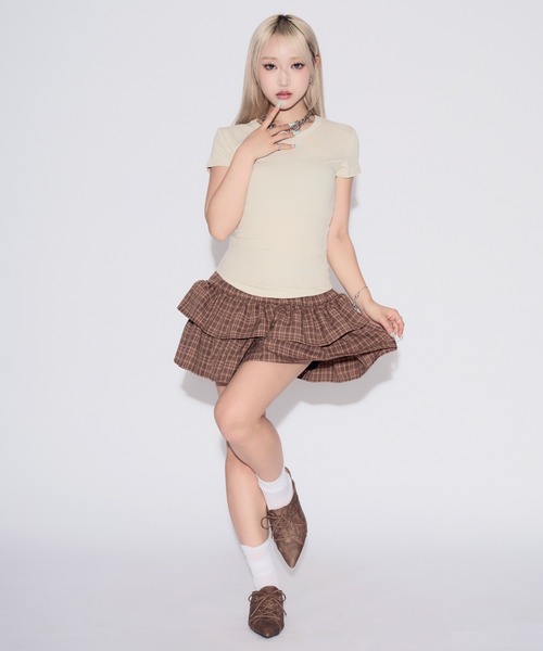 tinkerend(ティンカーエンド)の「Voluminous Tiered Check Mini Skirt / ボリュームティアードチェックミニスカート(スカート・レディース・ブルー系その他/ブラック/ブラウン・FREE)」の15枚目の写真