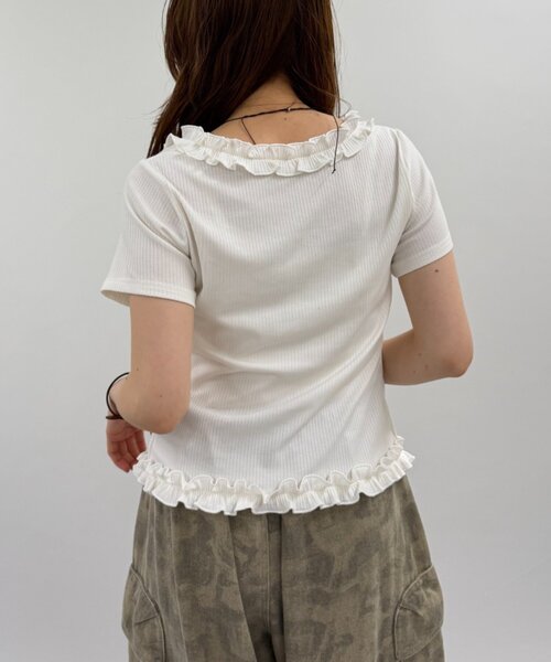 w closet（ダブルクローゼット）の「半袖レイヤードフリルカーディガン 夏服（Tシャツ/カットソー・レディース・オフホワイト/サックスブルー/ブラック/チャコールグレー・FREE）」の7枚目の写真