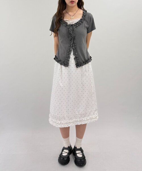 w closet（ダブルクローゼット）の「半袖レイヤードフリルカーディガン 夏服（Tシャツ/カットソー・レディース・オフホワイト/サックスブルー/ブラック/チャコールグレー・FREE）」の21枚目の写真