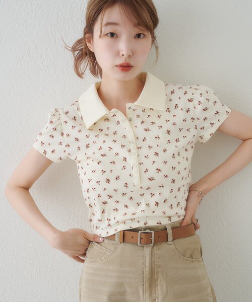 Kastane（カスタネ）の「【WEB先行】フラワーチビポロtee（ポロシャツ・レディース・ブラック/アイボリー/ブラウン/オリーブ・FREE）」の8枚目の写真