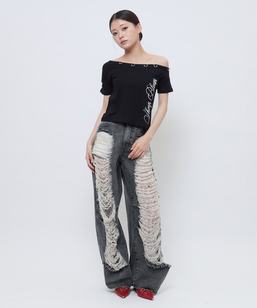 SPIRALGIRL(スパイラルガール)の「ワンショルフープピアスTシャツ(Tシャツ/カットソー・レディース・ブルー/ブラック/ホワイト・FREE)」の10枚目の写真