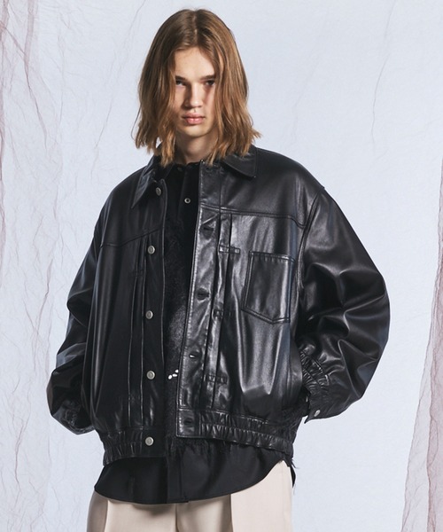 MAISON SPECIAL(メゾンスペシャル)の「《UNISEX》Sheep Leather Prime-Over Trucker Jacket/シープレザープライムオーバーGジャン【MAISON SPECIAL/メゾンスペシャル】(ブルゾン・メンズ・ブラック/ダークブラック・0/1/2)」の2枚目の写真