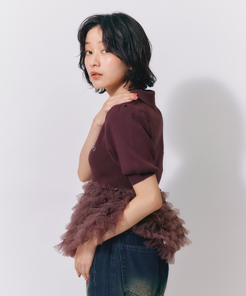 REDYAZEL(レディアゼル)の「ペプラムチュールドッキングニットトップス(ニット/セーター・レディース・ブラウン/ブラック/オフホワイト・FREE)」の18枚目の写真