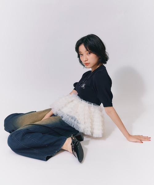 REDYAZEL(レディアゼル)の「ペプラムチュールドッキングニットトップス(ニット/セーター・レディース・ブラウン/ブラック/オフホワイト・FREE)」の4枚目の写真