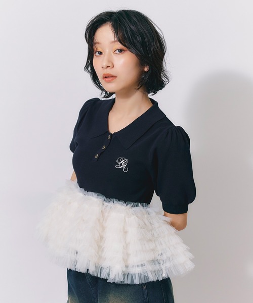 REDYAZEL(レディアゼル)の「ペプラムチュールドッキングニットトップス(ニット/セーター・レディース・ブラウン/ブラック/オフホワイト・FREE)」の9枚目の写真