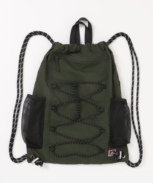 BEN DAVIS(ベンデイビス)の「【BEN DAVIS/ベンデイビス】【軽量で耐久性に優れたリップストップ素材を使用した機能系ナップサック】RIPSTOP NAPSACK/ナップサック ファスナー A4 リップストップ生地 フロントコード メッシュポケット ファスナーポケット ゴリララベル デイリー アウトドア ユニセックス(バックパック/リュック・メンズ・ブラック/グレー/カーキ・ONE SIZE)」の3枚目の写真