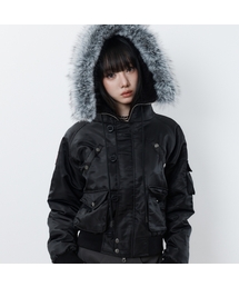 RL FUR TRIM PATCH BOMBER JACKET(BLACK)