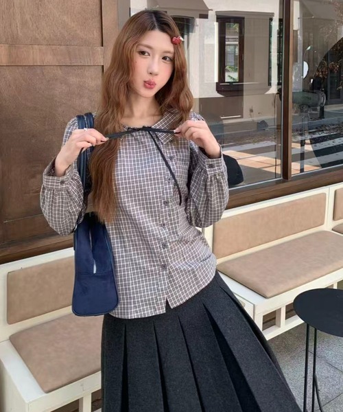 AsRiRe(アスリレイ)の「26aw 三色展開/綿100% リボンタイ付きチェック柄ラウンドカラーブラウス(シャツ/ブラウス・レディース・ベージュ/ネイビー/モカ・M)」の6枚目の写真