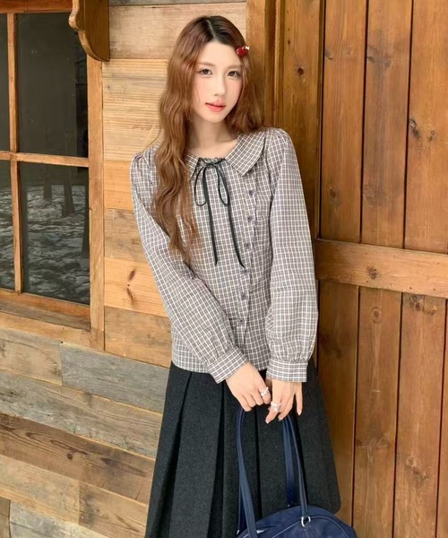 AsRiRe(アスリレイ)の「26aw 三色展開/綿100% リボンタイ付きチェック柄ラウンドカラーブラウス(シャツ/ブラウス・レディース・ベージュ/ネイビー/モカ・M)」の7枚目の写真