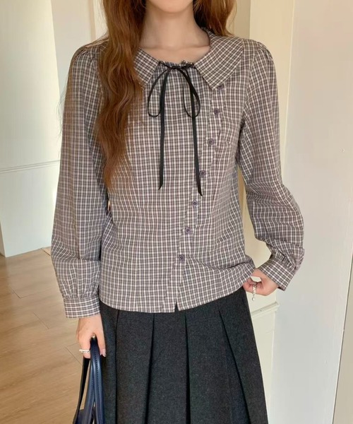 AsRiRe(アスリレイ)の「26aw 三色展開/綿100% リボンタイ付きチェック柄ラウンドカラーブラウス(シャツ/ブラウス・レディース・ベージュ/ネイビー/モカ・M)」の9枚目の写真