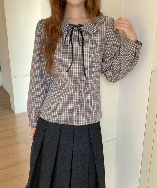 AsRiRe(アスリレイ)の「26aw 三色展開/綿100% リボンタイ付きチェック柄ラウンドカラーブラウス(シャツ/ブラウス・レディース・ベージュ/ネイビー/モカ・M)」の10枚目の写真