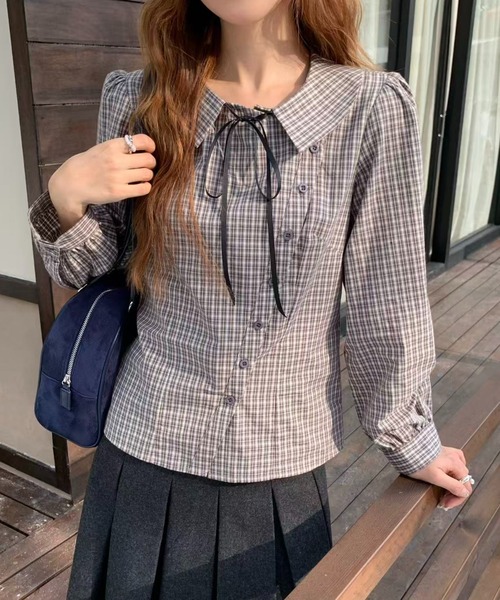 AsRiRe(アスリレイ)の「26aw 三色展開/綿100% リボンタイ付きチェック柄ラウンドカラーブラウス(シャツ/ブラウス・レディース・ベージュ/ネイビー/モカ・M)」の11枚目の写真