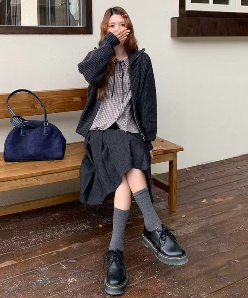 AsRiRe(アスリレイ)の「26aw 三色展開/綿100% リボンタイ付きチェック柄ラウンドカラーブラウス(シャツ/ブラウス・レディース・ベージュ/ネイビー/モカ・M)」の12枚目の写真