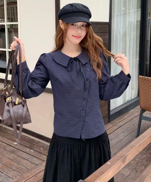 AsRiRe(アスリレイ)の「26aw 三色展開/綿100% リボンタイ付きチェック柄ラウンドカラーブラウス(シャツ/ブラウス・レディース・ベージュ/ネイビー/モカ・M)」の14枚目の写真