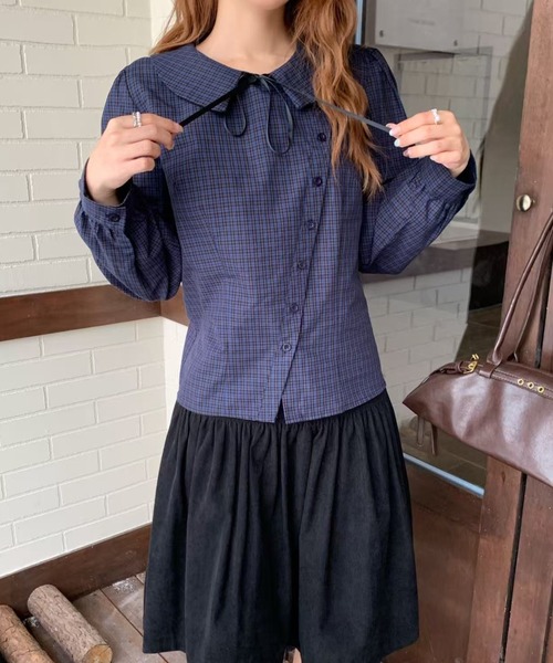 AsRiRe(アスリレイ)の「26aw 三色展開/綿100% リボンタイ付きチェック柄ラウンドカラーブラウス(シャツ/ブラウス・レディース・ベージュ/ネイビー/モカ・M)」の18枚目の写真