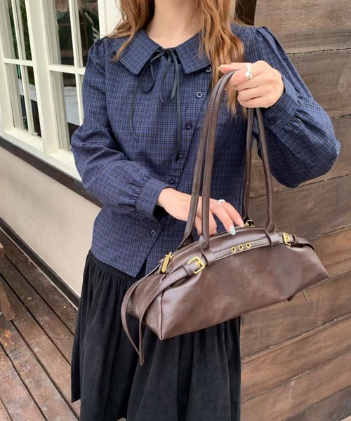 AsRiRe(アスリレイ)の「26aw 三色展開/綿100% リボンタイ付きチェック柄ラウンドカラーブラウス(シャツ/ブラウス・レディース・ベージュ/ネイビー/モカ・M)」の19枚目の写真