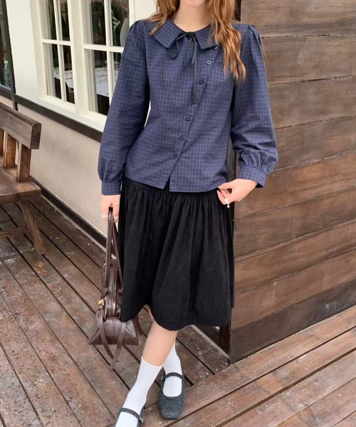 AsRiRe(アスリレイ)の「26aw 三色展開/綿100% リボンタイ付きチェック柄ラウンドカラーブラウス(シャツ/ブラウス・レディース・ベージュ/ネイビー/モカ・M)」の20枚目の写真