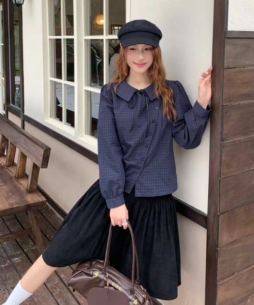 AsRiRe(アスリレイ)の「26aw 三色展開/綿100% リボンタイ付きチェック柄ラウンドカラーブラウス(シャツ/ブラウス・レディース・ベージュ/ネイビー/モカ・M)」の21枚目の写真