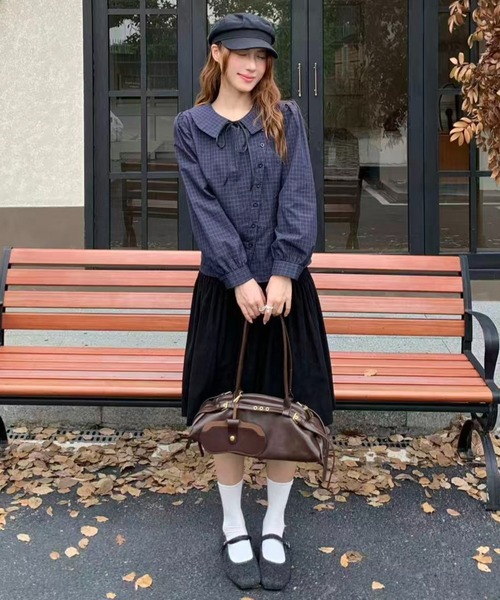 AsRiRe(アスリレイ)の「26aw 三色展開/綿100% リボンタイ付きチェック柄ラウンドカラーブラウス(シャツ/ブラウス・レディース・ベージュ/ネイビー/モカ・M)」の22枚目の写真