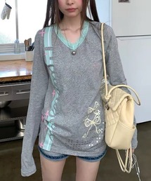 26aw 配色レースVネックアシメグラフィックロンT