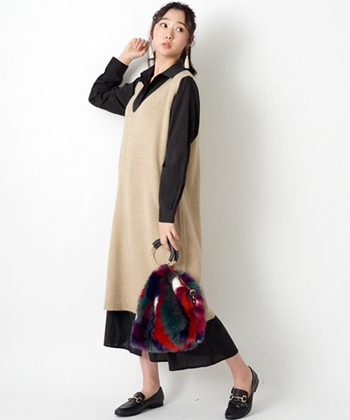 STYLEBLOCK（スタイルブロック）の「Vネックニットベストワンピース（ワンピース・レディース・ブラック/ベージュ/ブラウン・M）」の3枚目の写真