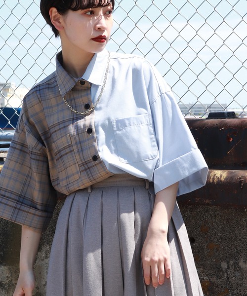 kutir（クティール）の「アレンジチェックシャツ（シャツ/ブラウス・レディース・ライトブルー/ブラック/ベージュ/オレンジ/グリーン・FREE）」の5枚目の写真