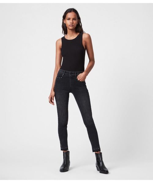 ALLSAINTS（オールセインツ）の「MILLER MID-RISE STUDDED STRETCH SKINNY JEANS, BLACK | MILLER ミッドライズ スタッズ ストレッチ スキニー ジーンズ, ブラック（デニムパンツ・レディース・ブラック・24/25/26/27/28）」の9枚目の写真
