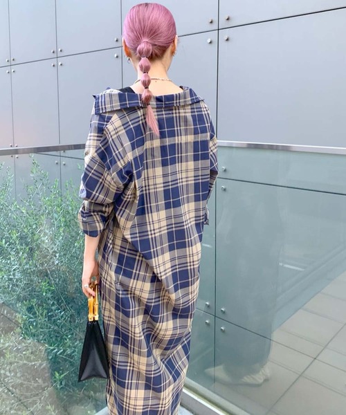 RIVE DROITE（リヴドロワ）の「着回しのできるデザインが魅力　チェックオーバーシャツワンピース（シャツワンピース・レディース・ネイビー/レッド・FREE）」の6枚目の写真