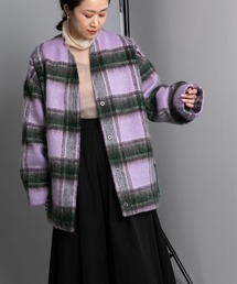 シャギーチェックコクーンコート