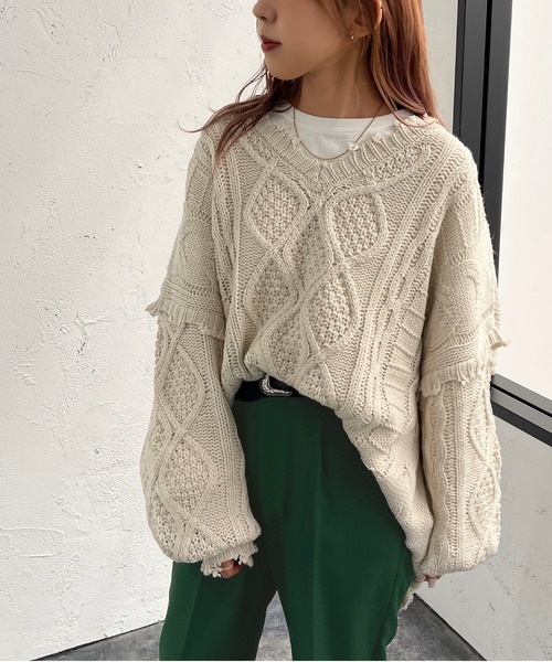 apres jour mignon(アプレジュールミニョン)の「ダメージケーブルニット【ZOZOTOWN限定アイテム】(ニット/セーター・レディース・ブラック/ダークグリーン/アイボリー/マスタード/オレンジ/ブルー・X-LARGE/フリー)」の15枚目の写真