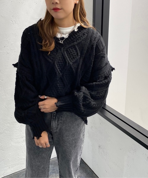 apres jour mignon(アプレジュールミニョン)の「ダメージケーブルニット【ZOZOTOWN限定アイテム】(ニット/セーター・レディース・ブラック/ダークグリーン/アイボリー/マスタード/オレンジ/ブルー・X-LARGE/フリー)」の21枚目の写真